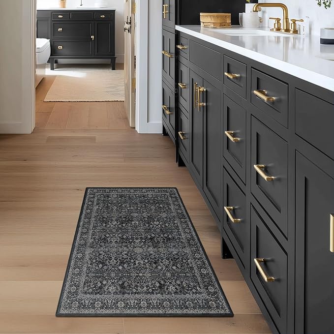 Dark Entryway Rug 2x3, Kitchen Rugs Non Slip Washable, Low Pile Ultra Thin Door Mat Indoor Entrance, Small Carpet for Bedroom Bathroom, Vintage Farmhouse Earth Tone Midnight