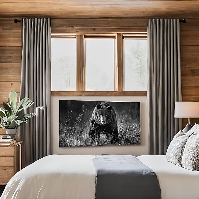 LevvArts Black and White Animal Wall Art Forest Bear Picture Painting Modern Artwork Framed Home Kitchen Office Decor 24"x48"