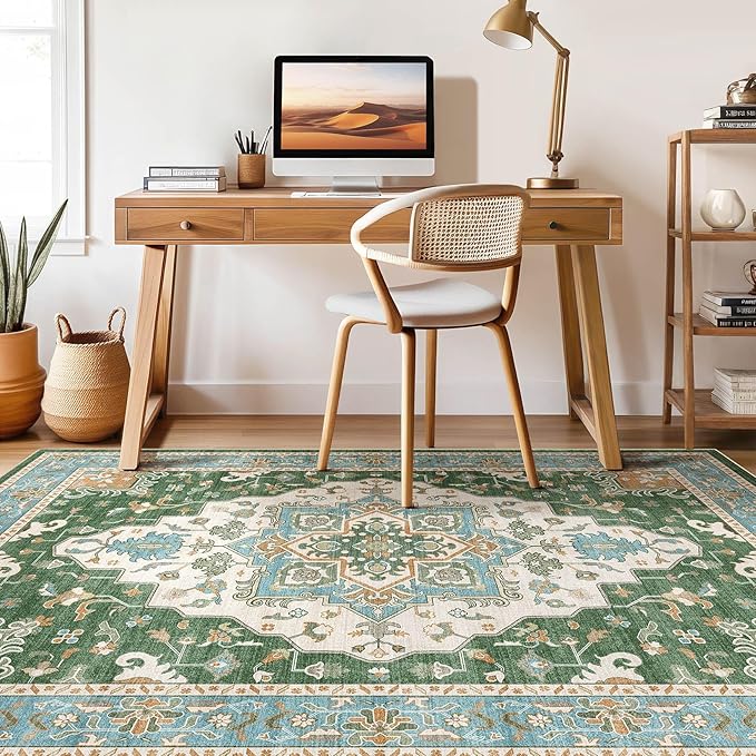 7x9 Area Rug Living Room: Washable Boho Large Neutral Vintage Soft Rug Stain Resistant Farmhouse Non-Slip Indoor Floor Retro Carpet for Bedroom Nursery Kids Office Dining Room- Green Multi