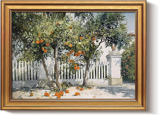 Bzstyleart Vintage Wall Art Decor for Living Room, Gold Framed Canvas Wall Art Home Decor Aesthetic, Orange Courtyard Prints, Canvas Picture Print Artwork, 12 x 16 Inch
