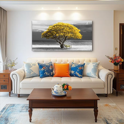 wall art for living room Decorations Photo Prints - panoramic black and white with yellow trees The moon scenery - Modern Home Decor The room Stretched and Framed Ready to Hang artwork 20X40inches