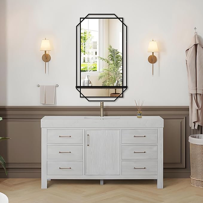 Black Bathroom Mirror with Shelf, 36" x 21" Mirror Wall Decor with Modern Art Rectangular Metal Frame for Living Room, Bedroom, Dining Room, Entryway