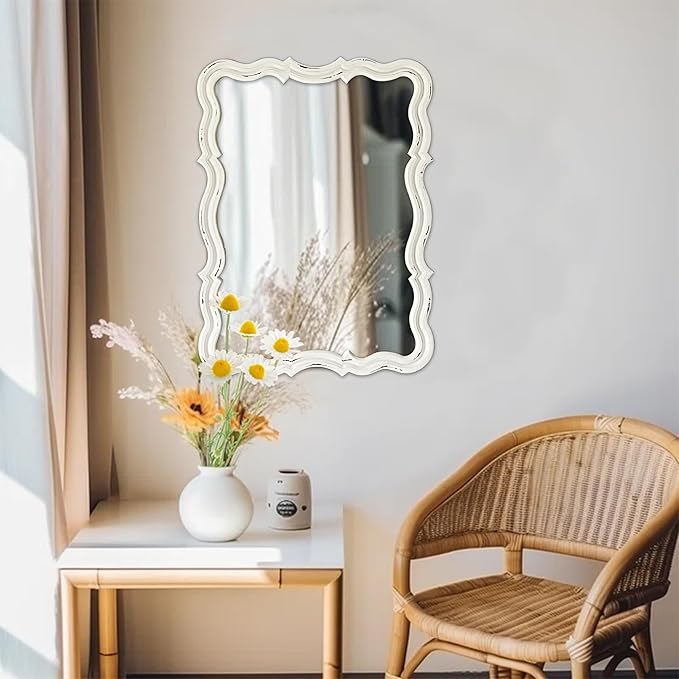 Rustic Scalloped Wall Mirror Decorative 24 X 18 Inch, Hanging Distressed White Wavy Wooden Frame Farmhouse Rectangular Mirrors for Wall Decor Living Room Bathroom, Horizontal or Vertical