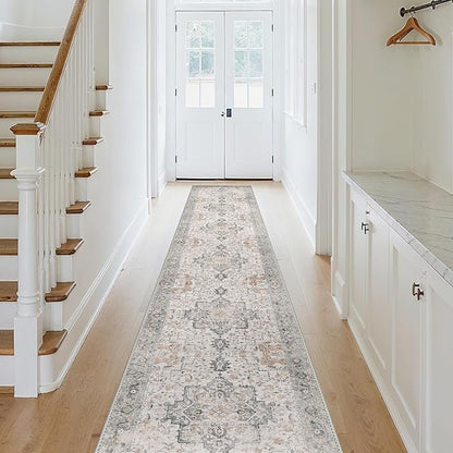 GENIMO 2x16 Runner Rugs for Hallway, Machine Washable Non Slip Vintage Rugs, Low Pile Soft Chenille Print Rug for enrtyway, Corridor, Home Office,Light Taupe Brown