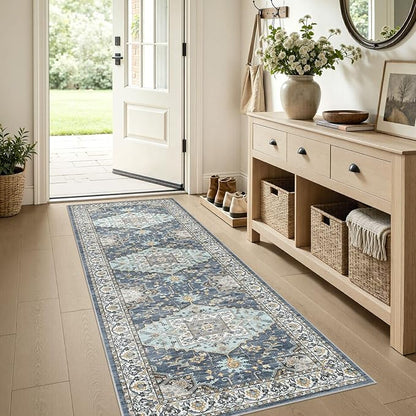 Washable 2x6 Runner Rugs: Non Slip Vintage Blue Yellow Area Rugs for Living Room, Large Soft Stain Resistant Indoor Floor Carpets for Bedroom Dining Room Nursery Home Office Kid & Pet Friendly