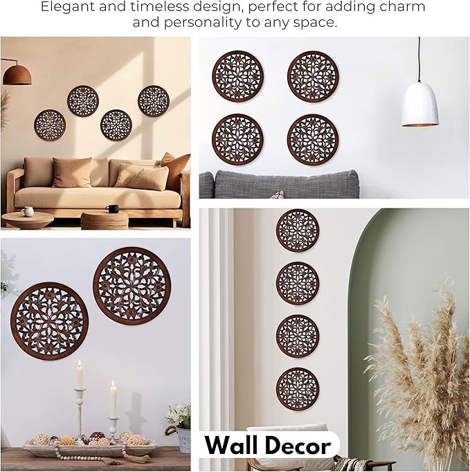 Woodify Hand-Carved Wooden Wall Décor – Set of 4, 12" x 12" Decorative Wood Panels, Floral Design, Natural Burnt Finish, Wall Art for Living Room & Home Décor