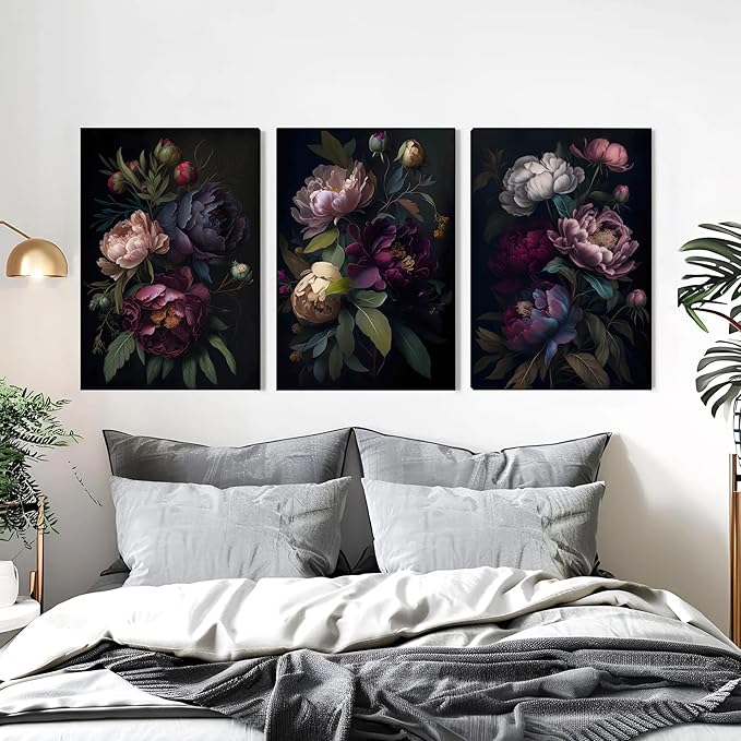 ICHZUMW Moody Floral Wall Art Framed, Vintage Peony Wrapped Canvas Wall Art, Set of 3, Dark Academia Floral Prints, Gothic Flower Pictures for Bedroom Living Room Decor, Elegant Botanical Home Decor