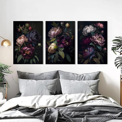ICHZUMW Moody Floral Wall Art Framed, Vintage Peony Wrapped Canvas Wall Art, Set of 3, Dark Academia Floral Prints, Gothic Flower Pictures for Bedroom Living Room Decor, Elegant Botanical Home Decor