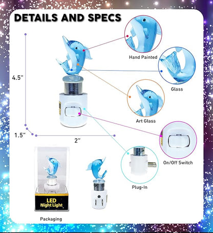 COTA Global Dolphin Night Light - Home Décor Wall Plug in Night Light with Switch, Unique Decorative Hand Made LED Glass Art Nightlight - 4.5 Inches