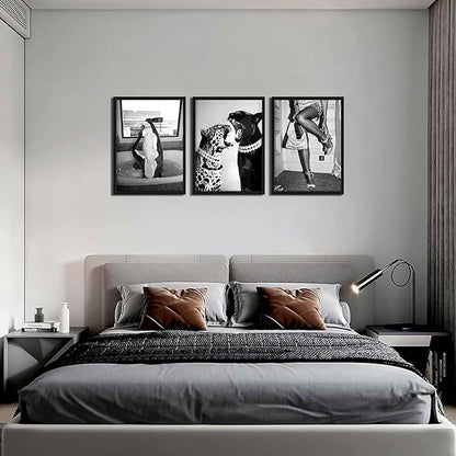Framed Trendy Black and White Wall Art Set of 3, Fashionable Cheetah Wall Decor, Posters for Room Aesthetic, Modern Vintage Photography Model Canvas Prints for Living Room Bedroom – 16x24in