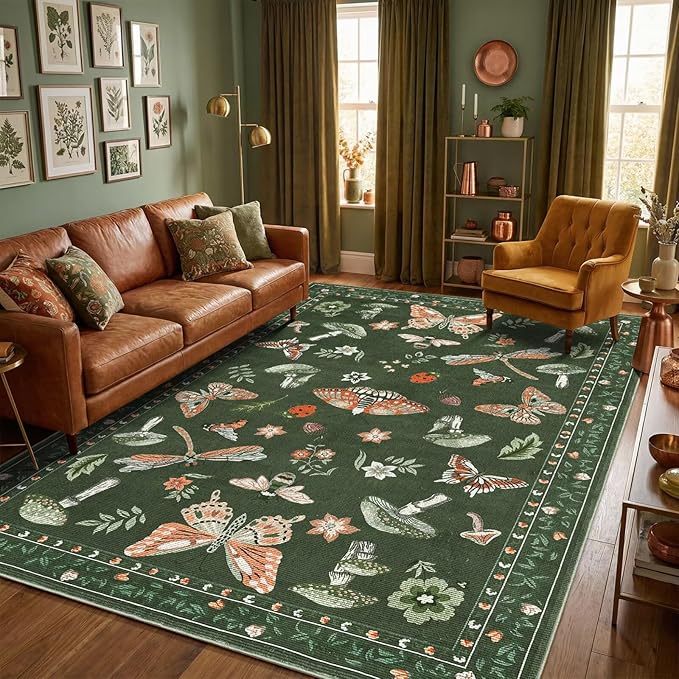 ROYHOME Mushroom 8x10 Area Rugs for Living Room Low-Pile Whimsical Cottage Core Insect Bug Butterfly Funky Dark Gothic Decor for Bedroom Nursery Dining Room Olive Green