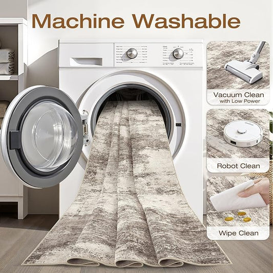 10x14 Area Rugs Living Room: Washable Large Neutral Rug Abstract Soft Modern Stain Resistant Indoor Floor Non-Slip Carpet for Bedroom Nursery Kids Office Playroom Dining Room Under Table- Mocha Brown