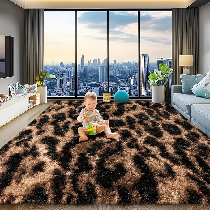 qulint Leopard Rug for Living Room, 5x7 Fluffy Carpet for Bedroom Soft Shaggy Cheetah Rug for Kids Room, Modern Animal Carpet for Dorm Room Nursery Home Decor Aesthetic (5ft x 7ft, Leopard)