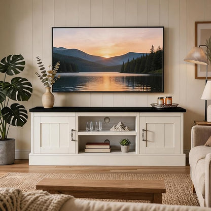 GAOMON 61" Farmhouse TV Stand for TVs Up to 65 Inch, Wooden Entertainment Center with 2 Storage Cabinets, Open Shelves & Cable Management, Rustic Media Console Table, White & Black