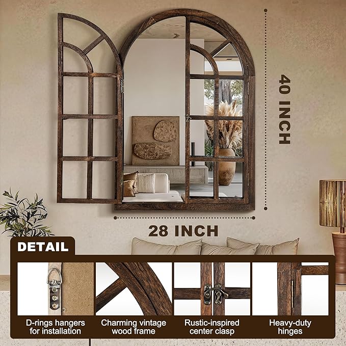 Arched Wall Mirror with Wood Window Frame, 40x28 Vintage Rustic Farmhouse Mirror for Wall, Living Room, Bedroom, Entryway(Brown)