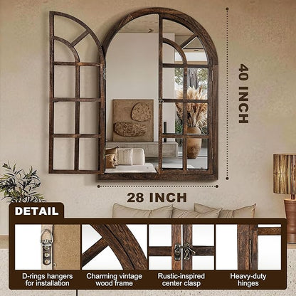 Arched Wall Mirror with Wood Window Frame, 40x28 Vintage Rustic Farmhouse Mirror for Wall, Living Room, Bedroom, Entryway(Brown)