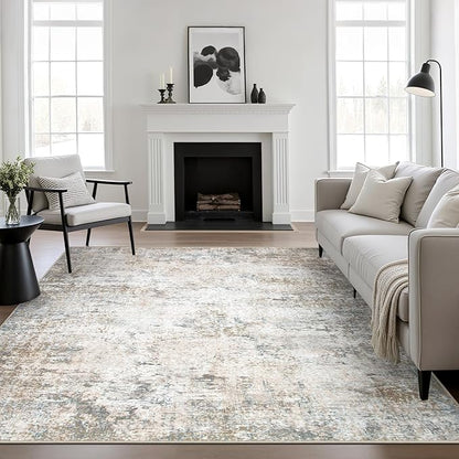 4x4 Area Rug Living Room Rug: Washable Modern Abstract Soft Thin Rug Indoor Floor No Slip Stain Resistant Carpet for Bedroom Dining Room Farmhouse Nursery Home Office - Brown Grey