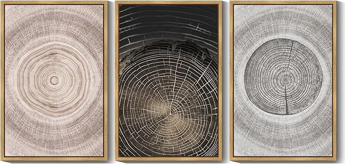 PHOPAGO Vintage Wood Tree Rings Wall Art 24x36in Farmhouse Rustic Framed Canvas Paintings Living Room Bedroom Decor Nature Artwork Natural Framed