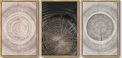 PHOPAGO Vintage Wood Tree Rings Wall Art 24x36in Farmhouse Rustic Framed Canvas Paintings Living Room Bedroom Decor Nature Artwork Natural Framed