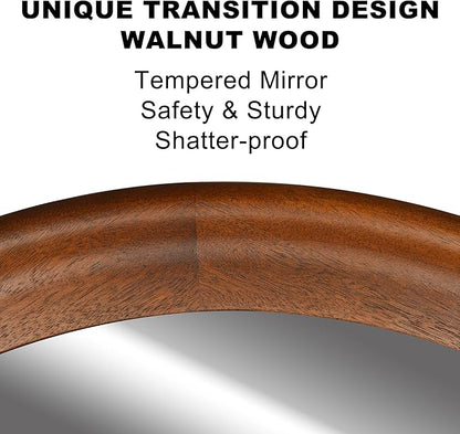 CULER Round Wall Mirrors 24 Inch,Wood Rustic Decorative Transitional Mirror with Walnut Frame for Wall,Farmhouse Hanging Vanity Mirror for Bathroom Bedroom Living Room or Entryway（Walnut Brown）