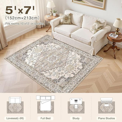5x7 Washable Area Rugs for Living Room: Non Slip Vintage Brown Rug, Large Soft Stain Resistant Indoor Floor Carpets for Bedroom Dining Room Farmhouse Nursery Home Office Kid & Pet Friendly