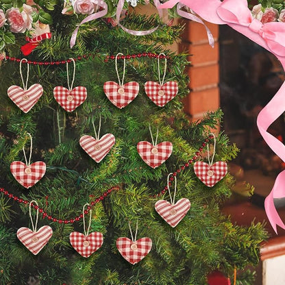 Soulchen 12 Pcs Valentine's Day Heart Ornaments Vintage Fabric Stuffed Heart Hanging Ornaments Rustic Red Buffalo Plaid Hanging Decor with Button for Tree Farmhouse Anniversary Wedding Party, 3 Style