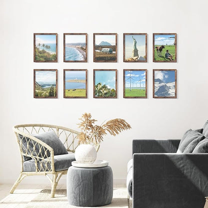 8x10 Picture Frame Set of 10, Brown Frames 8x10 for Tabletop Display, Horizontal or Vertical Wall Mounting