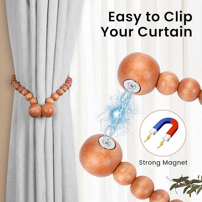 KLOGTSIND Magnetic Curtain Tiebacks, Curtain Tie Backs for Curtains 6 Pack, Wood Bead Curtain Tiebacks, Curtain Holders for Boho Bedroom Decor, Baby Nursery Decor, Farmhouse Decor