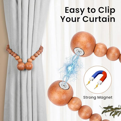 KLOGTSIND Magnetic Curtain Tiebacks, Curtain Tie Backs for Curtains 6 Pack, Wood Bead Curtain Tiebacks, Curtain Holders for Boho Bedroom Decor, Baby Nursery Decor, Farmhouse Decor