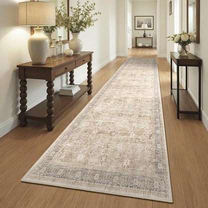 Washable Runner Rug 3x10, Vintage Earth Tone Hallway Runner for Kitchen Floor Non Slip, Low Pile Thin Long Carpet Runner for Entryway Corridor Mudroom Foyer, Farmhouse Neutral Beige Taupe
