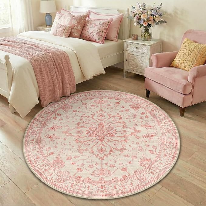 RELEANY Area Rugs Round 4ft Washable Non-Slip, Floral Vintage Distress Print Pattern Medallion Carpet for Living Room Bedroom Dining Room, Pink Light Vintage Pink