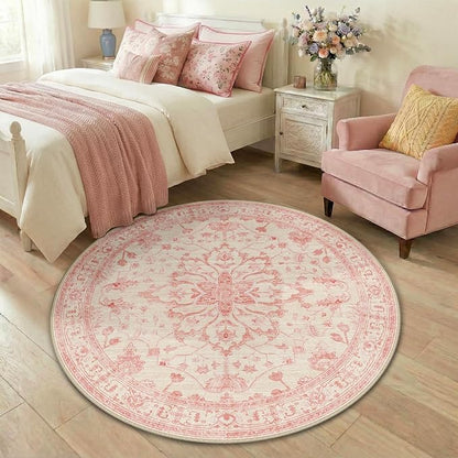 RELEANY Area Rugs Round 4ft Washable Non-Slip, Floral Vintage Distress Print Pattern Medallion Carpet for Living Room Bedroom Dining Room, Pink Light Vintage Pink