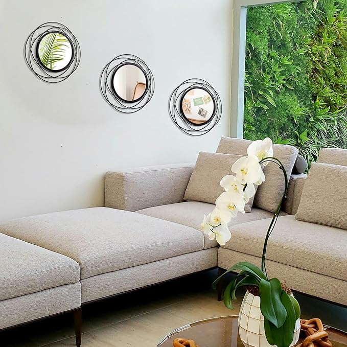 3 Set. Round Mirrors for Wall Decor Living Room Bedroom Bathroom Dining Room Metal Circle Mirror Set Boho Decorative Sunburst Wall Art Accent Entryway - Black 13.3 in.