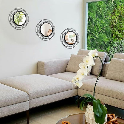 3 Set. Round Mirrors for Wall Decor Living Room Bedroom Bathroom Dining Room Metal Circle Mirror Set Boho Decorative Sunburst Wall Art Accent Entryway - Black 13.3 in.
