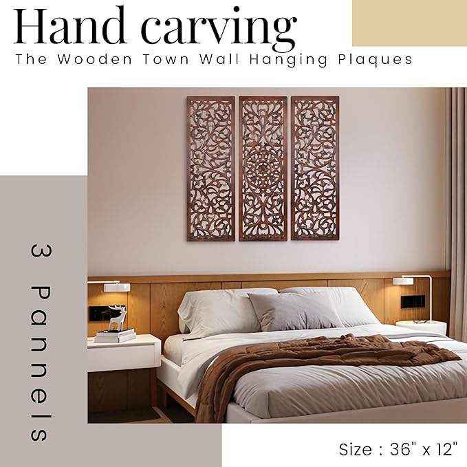 The Wooden Town Wall Hanging Plaques - Wall Plaque Wall Décor Plaques Set of 3-36 x 12 Inch - Burnt, Elegant Sculpture Wall Décor Panel to Enhance the Décor of Your Room or Office