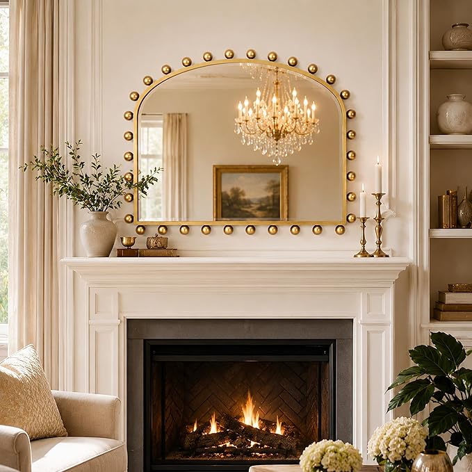 36"x28" Wide Arched Wall Mirror, Antique Gold Ball Frame with Beveled Glass, Large Horizontal Mantel Piece Over Fireplace or Above Sofa, Statement Metal Frame for Living Room