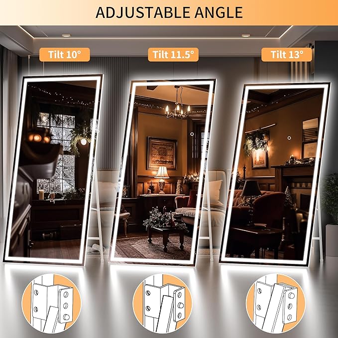 Hasipu Full Length Mirror with Lights, 81" x 34" LED Lighted Floor Standing, Full Body Dressing Hanging Mounted Mirror, Tempered Glass, Square White