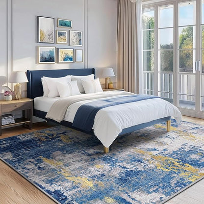 RELEANY Washable Area Rugs 5'x7' Non-Slip Modern Abstract Soft for Living Room Entryway Bedroom Nursery, Print Pattern, Grey Blue Gold/Golden