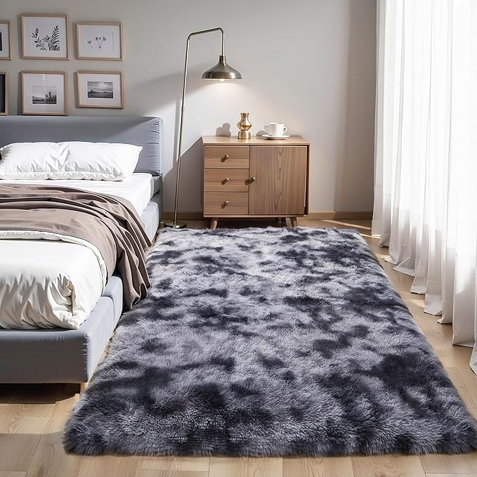 KICHOWUA Thick Area Rug Dark Grey 5x8 Fluffy Shag for Bedroom Living Room Soft Plush Washable Thickened Non-Slip Fuzzy Carpet for Kids Baby Nursery Cozy Shaggy Floor Rugs for Dorm, Tie-Dye Gray