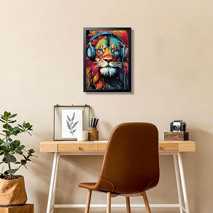 Colorful Lion Wall Art Framed Canvas Print, Lion Wearing Headphones Pop Art Animal Poster, Vibrant Graffiti Music King Wall Decor Painting for Living Room Bedroom Boys Room Home Decor 12x16 Inch