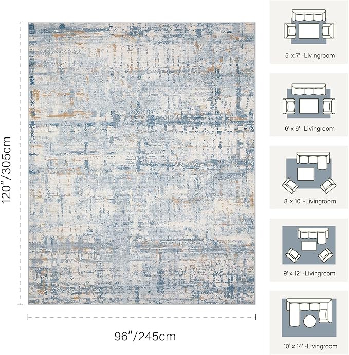 Rugxara Blue 8x10 Area Rugs,Large Soft Rugs for Living Room, Blue Washable Rug, Modern Abstract Rugs for Bedroom Dining Room, Non-Slip Foldable Thin Indoor Carpet Stain Resistant(Blue Beige)