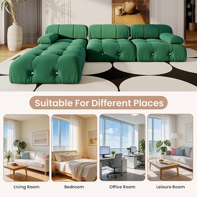 104'' Modular Green Sectional Couch, L-Shaped Velvet Bubble Couch with Reversible Chaise Ottoman, Modern Sectional Couches for Living Room, Apartment (3 Seats, 1 Ottoman, Green)