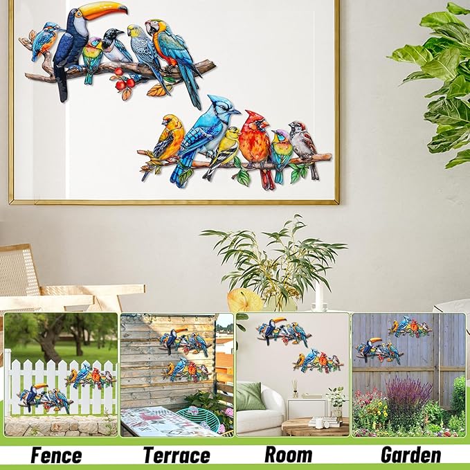 YOADEHOA 2Pcs Metal Bird Outdoor Wall Art Decor, Hummingbird Wall Silhouette Art, Bird on Branch Wall Sculpture Hanging Indoor Outdoor for Yard Garden and Patio (Birds D)