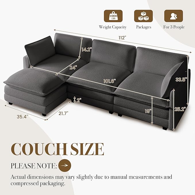 ROWHY 112'' Sectional Cloud Couch with Movable Ottoman, 4 Seat Modern Chenille Modular Sofa with 2 Throw Pillows, Deep Seat L Shaped Couch for Living Room Bedroom Apartment, Dark Grey | Sturdy Frame, Ultimate Comfort, Deep Seat, Pet-Friendly Fabric, Mo...