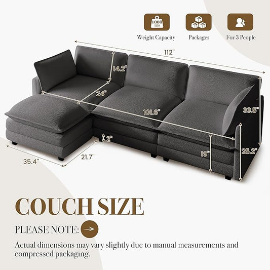 ROWHY 112'' Sectional Cloud Couch with Movable Ottoman, 4 Seat Modern Chenille Modular Sofa with 2 Throw Pillows, Deep Seat L Shaped Couch for Living Room Bedroom Apartment, Dark Grey | Sturdy Frame, Ultimate Comfort, Deep Seat, Pet-Friendly Fabric, Mo...