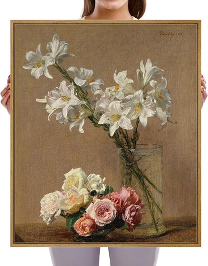 Pyradecor Vintage Wall Art Retro Large Framed Living Room Decor Roses and Lilies Canvas Prints Classical Floral Painting for Bedroom Kitchen Farmhouse Office Decorations AH1105-5060NW