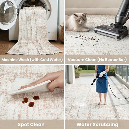 9x12 Area Rugs for Living Room Washable Rug: Anti-Skid Abstract Modern Living Room Rug Soft Thin Carpets Indoor Floor Non-Shedding Carpet for Bedroom Dining Farmhouse Nursery Home Office Beige White