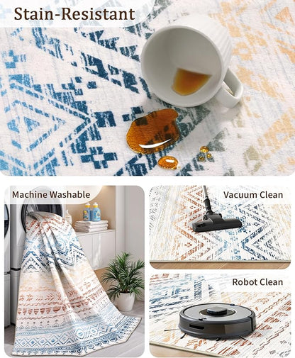Miukiki 5x7 Area Rug for Living Room Moroccan Washable Rugs Non Slip Indoor Floor Carpet Foldable Large Soft Area Rug for Dining Room Bedroom with Low Pile(Colorful,5'x7')