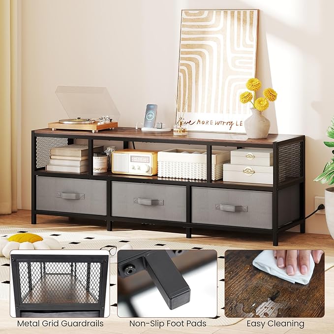 Tangkula Farmhouse TV Stand for TVs up to 65", 3-Tier Entertain Center with Power Outlets USB Charging, Media Console Table with Open Shelf & 3 Fabric Storage Drawers for Living Room (Rustic Brown)