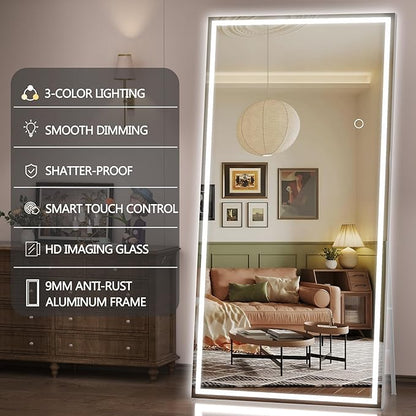Hasipu Full Length Mirror with Lights, 79" x 32" LED Lighted Floor Standing, Full Body Dressing Hanging Mounted Mirror, Tempered Glass, Square White